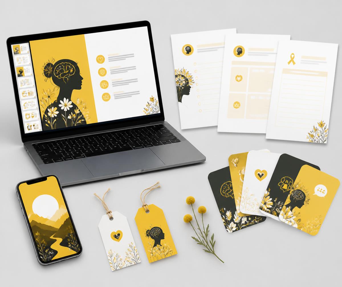 Mockup do Kit Setembro Amarelo: apresentação, folhas de atividades, cards de dinâmicas, artes para lembrancinhas e wallpaper